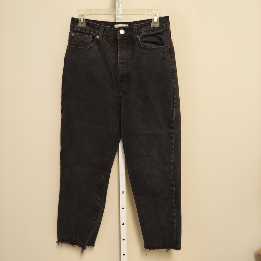 Zara Womens High Waisted Mom Jeans Faded Black Raw Hem Button Fly Denim Pants